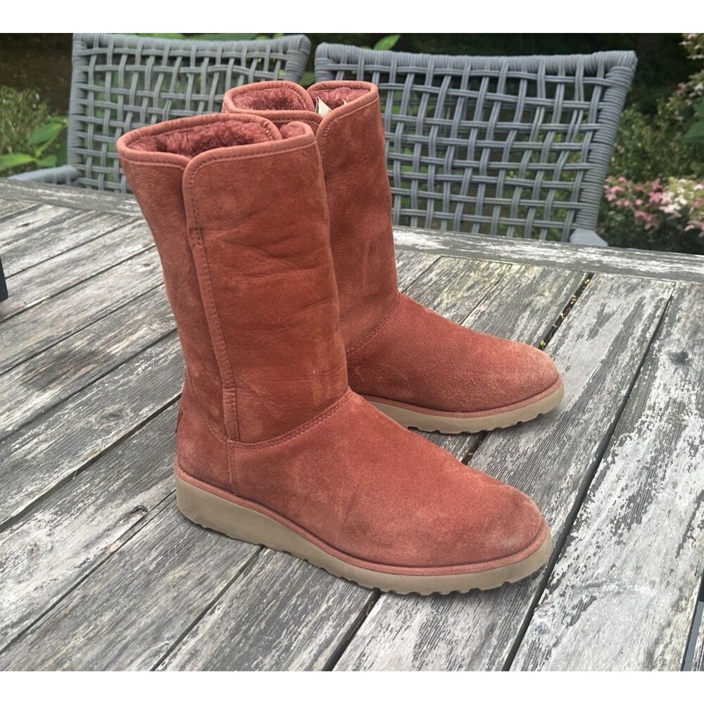 UGG Amie Terracotta Suede Shearling Wedge Mid Boots Womens Size 7.5 Rare Color